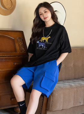 七月原创潮牌大码蓝色工装裤女胖mm短裤夏大臀围宽松五分裤280斤