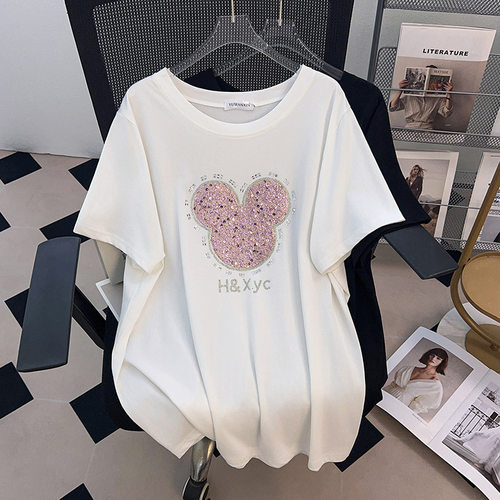 七月原创潮牌大码女装~棉面料，质量好时尚烫钻款遮肚短袖T恤女