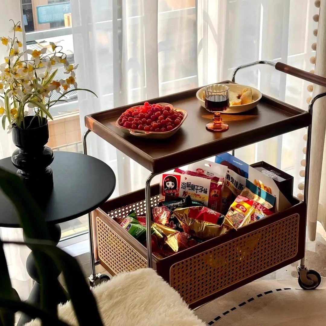 实木中古风藤编可移动收纳零食小推车边几客厅沙发收纳置物架餐车,住宅家具,移动边几/推车,淘宝优惠券,粉丝福利购,淘宝优惠卷
