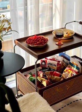 实木中古风藤编可移动收纳零食小推车边几客厅沙发收纳置物架餐车