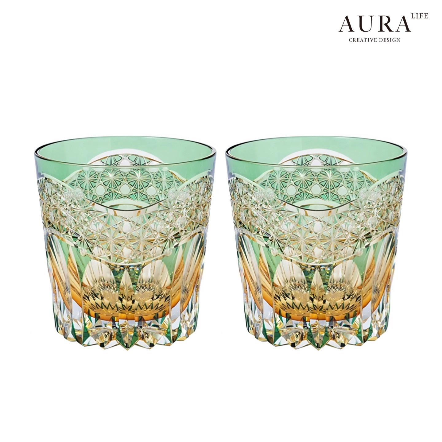 AURA'S绿曙光江户切子手工雕刻水晶玻璃杯日式高档威士忌酒杯送礼