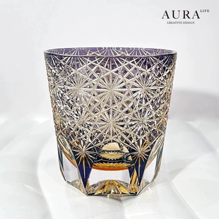 AURA 高端手工雕刻威士忌杯酒禮物杯 S江戶切子琥珀紫雛菊日式