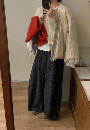 专柜正品miluroom米鹿羊毛印花抓绒裤2025冬新款阔腿小个子休闲裤