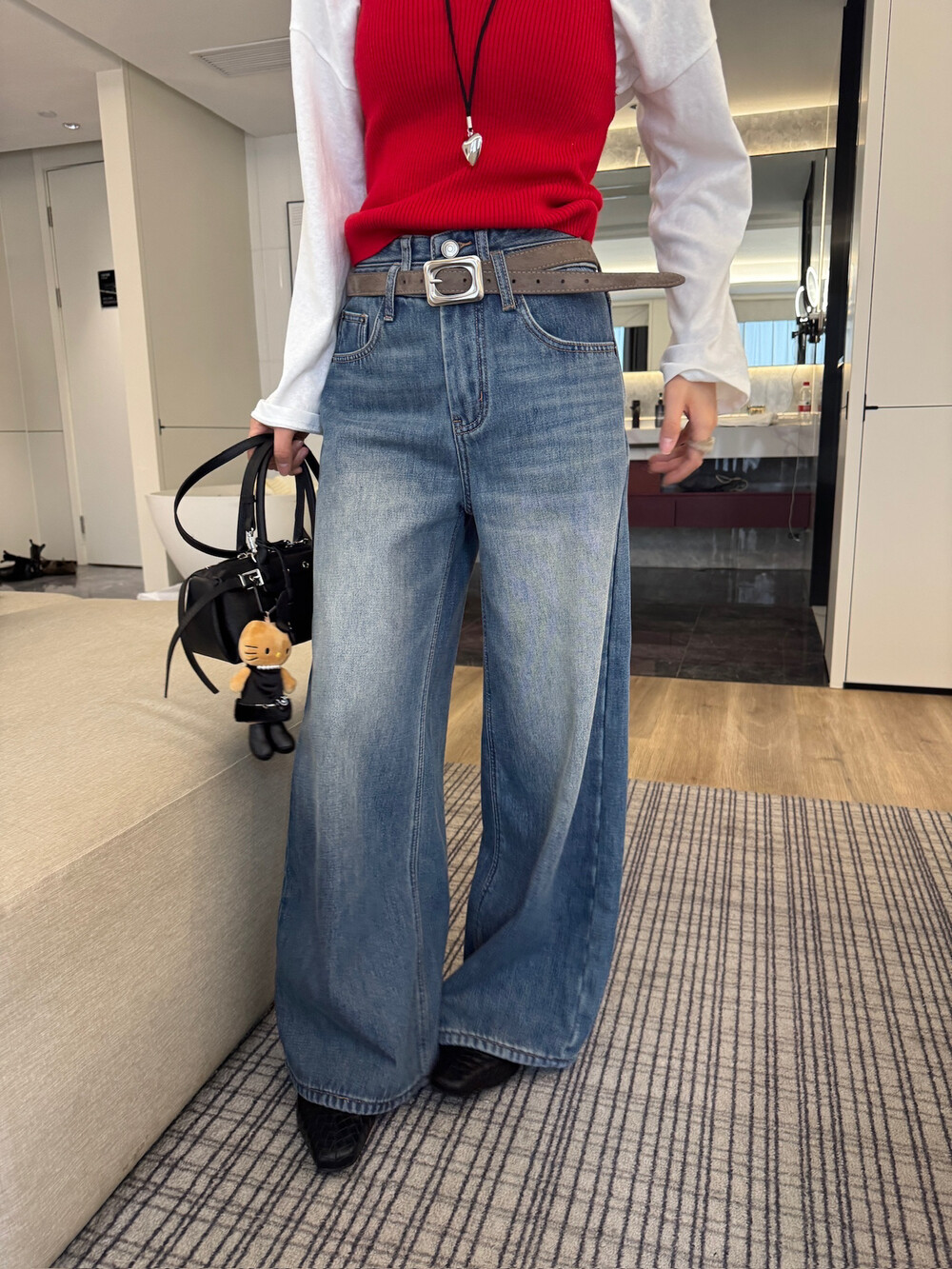 专柜正品BUT50007加厚复合绒直筒阔腿裤显瘦高腰牛仔裤拖地配腰带