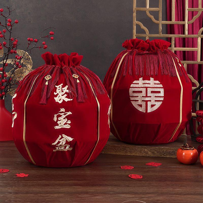 结婚包袱皮刺绣束口福袋女方陪嫁聚宝盆抽拉包裹红布婚庆用品大全