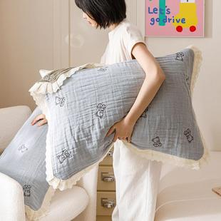 韩式 花边枕巾全棉四层纱布纯棉双层防滑单品防头油枕头垫巾一对装