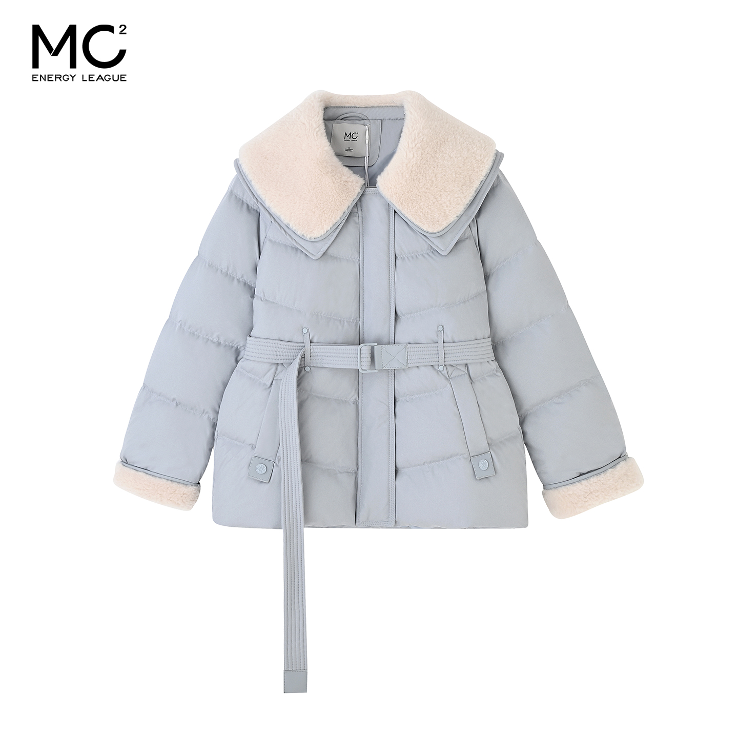 女装羊羔毛翻领配腰带羽绒服