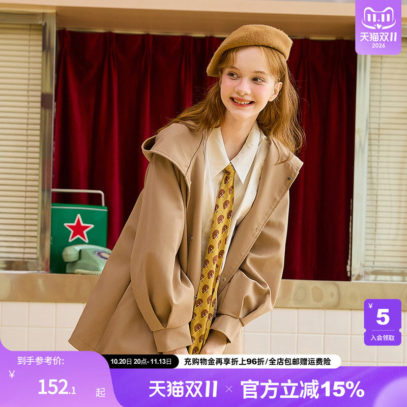 mc2短款风衣外套女春秋新款小个子连帽灯笼袖潮流百搭卡其色