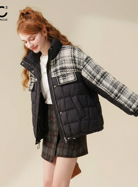 mc2黑色立领小香风撞色短款羽绒外套女装冬装新款时尚面包服