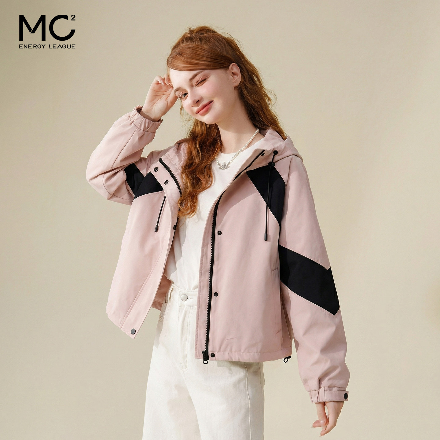 mc2拼色连帽夹克外套女装春秋季新款粉色韩版复古工装风宽松舒适