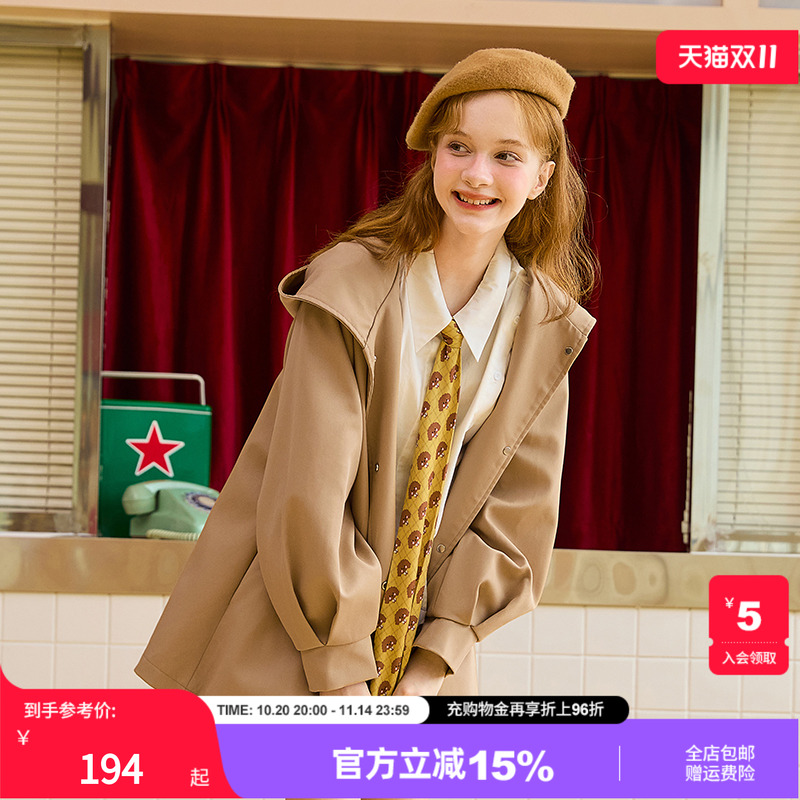 女装卡其连帽灯笼袖风衣