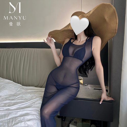 曼欲内衣薄纱深蓝色罩衫透视显腰线紧身睡裙纯欲三点套装9448