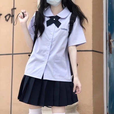 泰国校服学院风淡紫色短袖学生班服jk衬衫女娃娃领上衣百褶裙套装