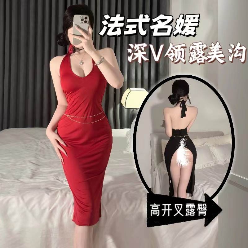 伊兰纺新款新娘旗袍制服内衣深v挂脖连衣裙纯欲床上激情套装
