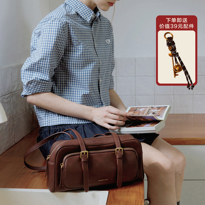 真皮简约法棍包牛皮手提小方包高级复古通勤单肩手提腋下包老钱风