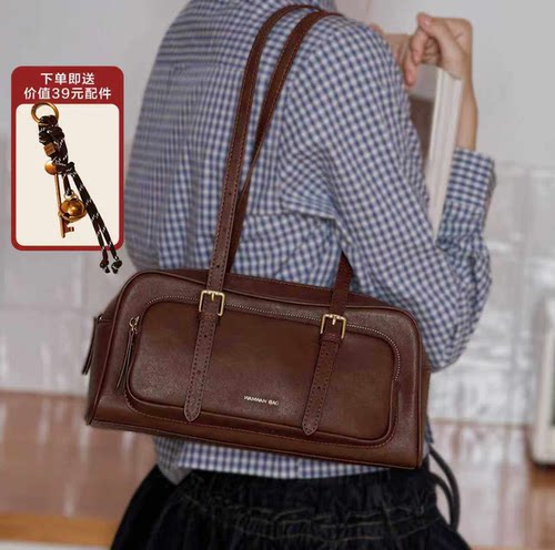 真皮波士顿包牛皮法棍包女高级复古通勤单肩手提腋下包老钱风包包