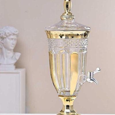 酒店透明描金玻璃果汁缸带盖水龙头家用泡酒容器玻璃器皿带水龙头