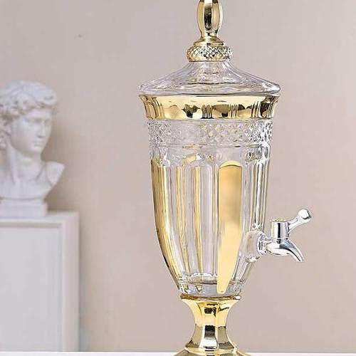 酒店透明描金玻璃果汁缸带盖水龙头家用泡酒容器玻璃器皿带水龙头