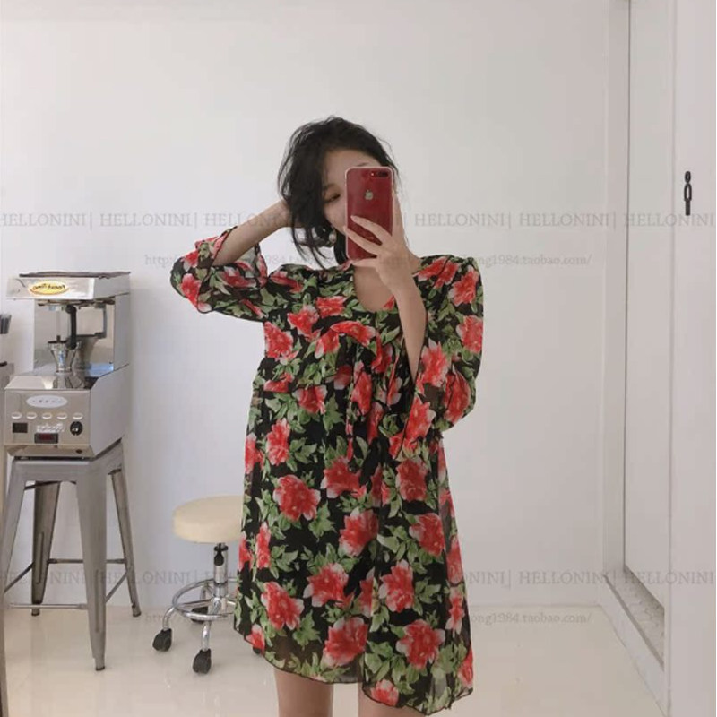 现货韩国东大门女装夏季新款韩范休闲宽松薄款碎花雪纺连衣裙