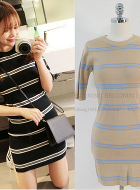 现货韩国东大门女装春秋新款韩范修身条纹五分袖针织连衣裙潮
