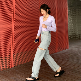 现货韩国东大门女装夏季新款韩范做旧大破洞休闲宽松牛仔裤潮