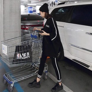 现货韩国东大门春秋季女新款加绒中长款卫衣+打底裤两件套装di