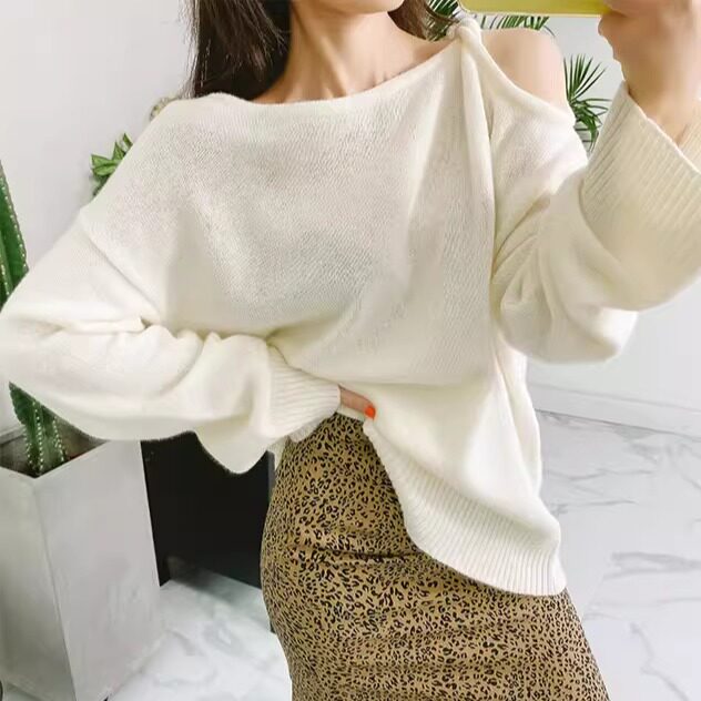 现货韩国东大门女装春秋冬新款韩范纯欲露肩一字领宽松针织衫潮