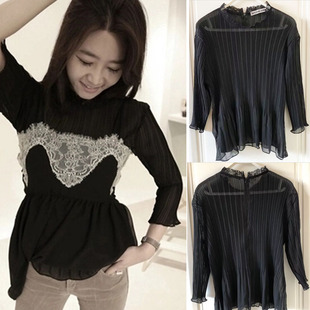 现货韩国东大门女装春夏秋季新款韩范纯欲薄透褶皱七分袖雪纺衬衫