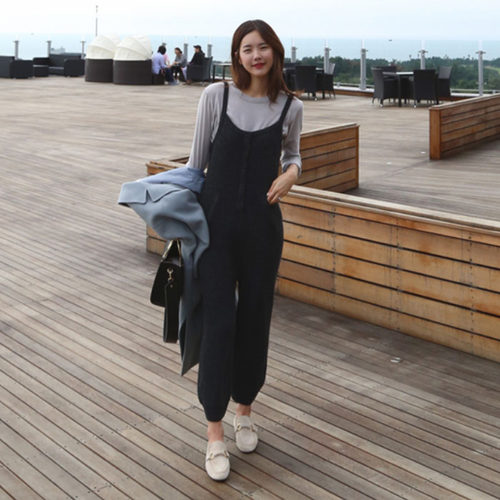休闲露背宽松背带针织连体裤