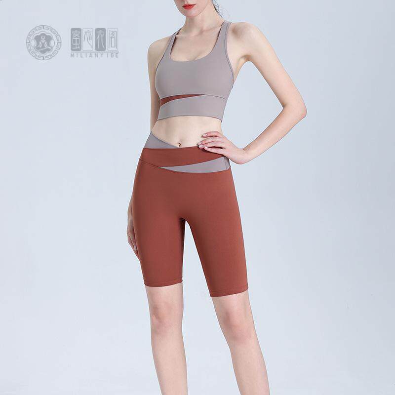 拼色瑜伽服女高强度工字防震运动内衣健身跑步紧身五分短裤套装夏