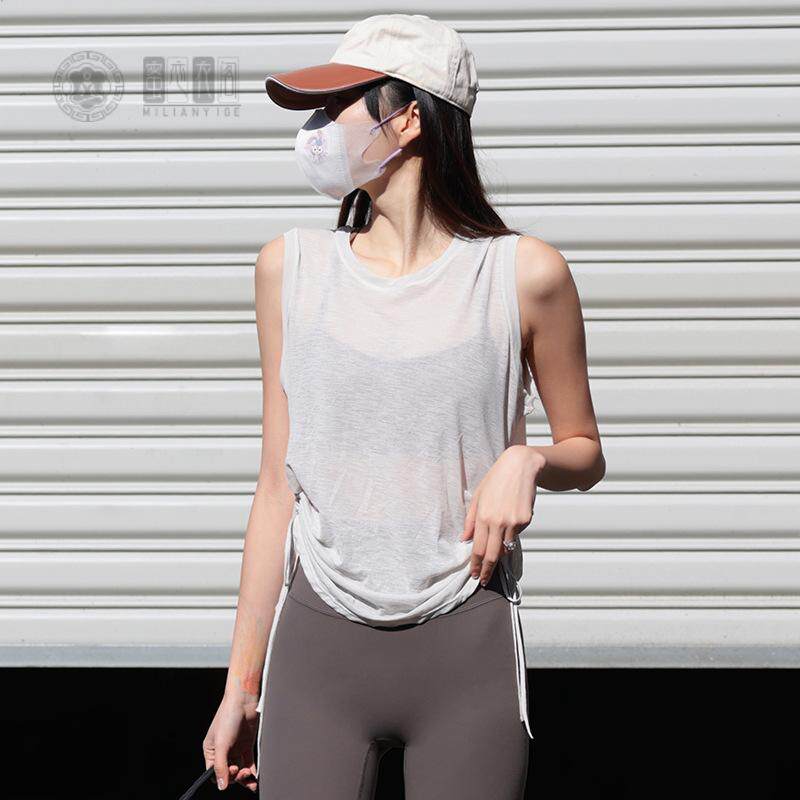 微透抽绳运动短袖宽松瑜伽服罩衫夏季薄款跑步速干女训练健身背心