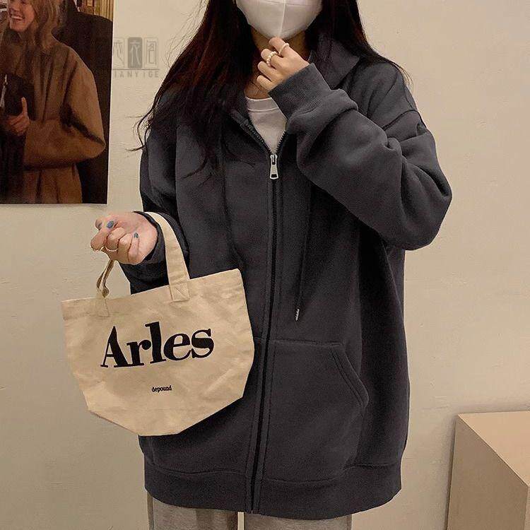 秋冬灰色连帽卫衣外套女2026百搭拉链开衫加绒韩系慵懒风休闲潮牌