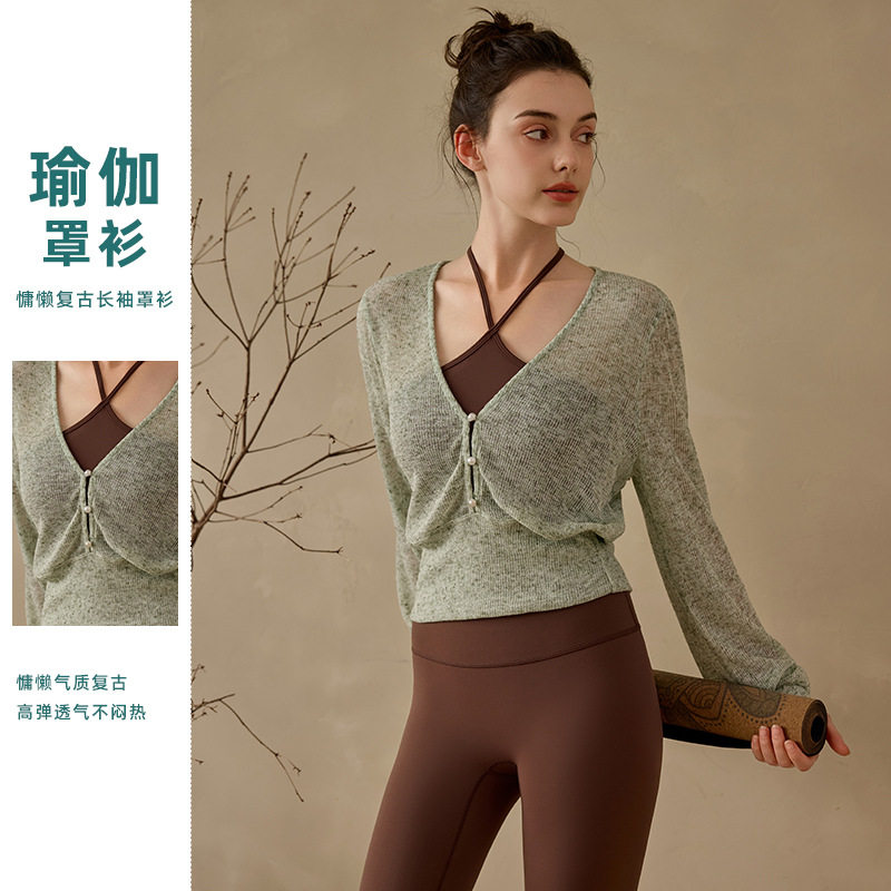 春款纯欲风瑜伽服女V领网纱长袖
