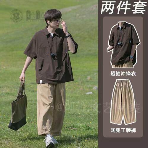 日系Polo衫短袖男潮牌复古工装风