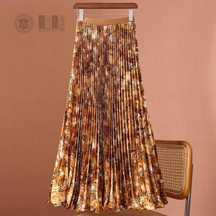 复古民族风水墨印花百褶半身裙女秋冬新款海边度假显瘦高腰长裙子