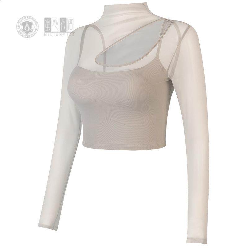瑜伽服长袖女短款健身透气普拉提气质高领带胸垫运动上衣
