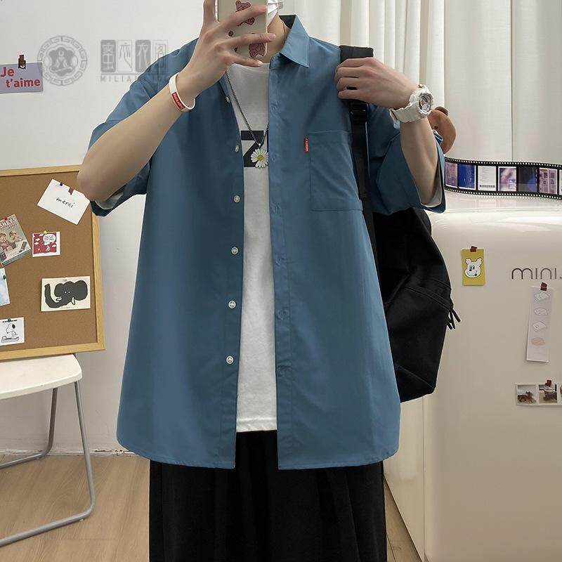 2025夏季男款学院风纯色短袖衬衫