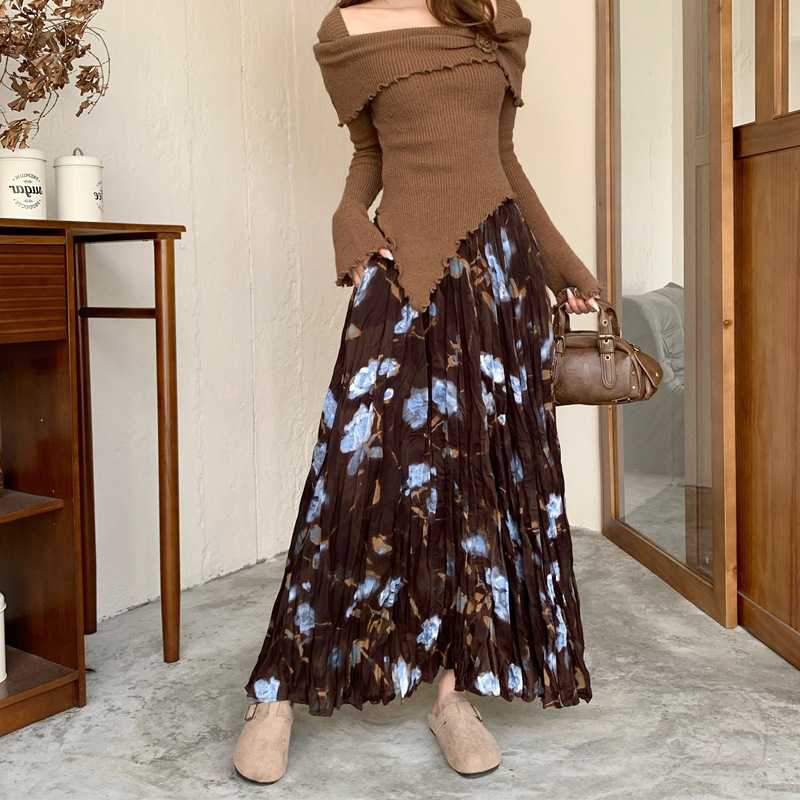 2024春款高腰褶皱印花A字长裙女