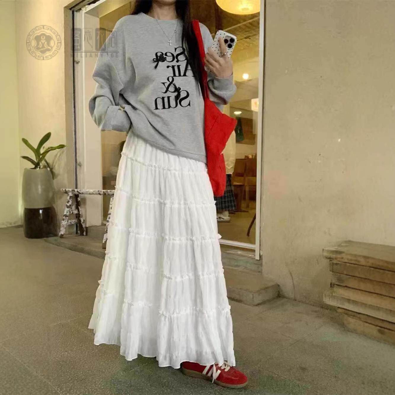 白色半身裙女春款松紧腰显瘦垂感大摆蛋糕裙a字长裙中长款