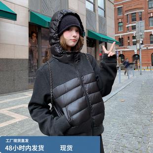 深灰色厚棉T拼接连帽排骨羽绒服套装女2025冬韩系休闲宽裤两件套