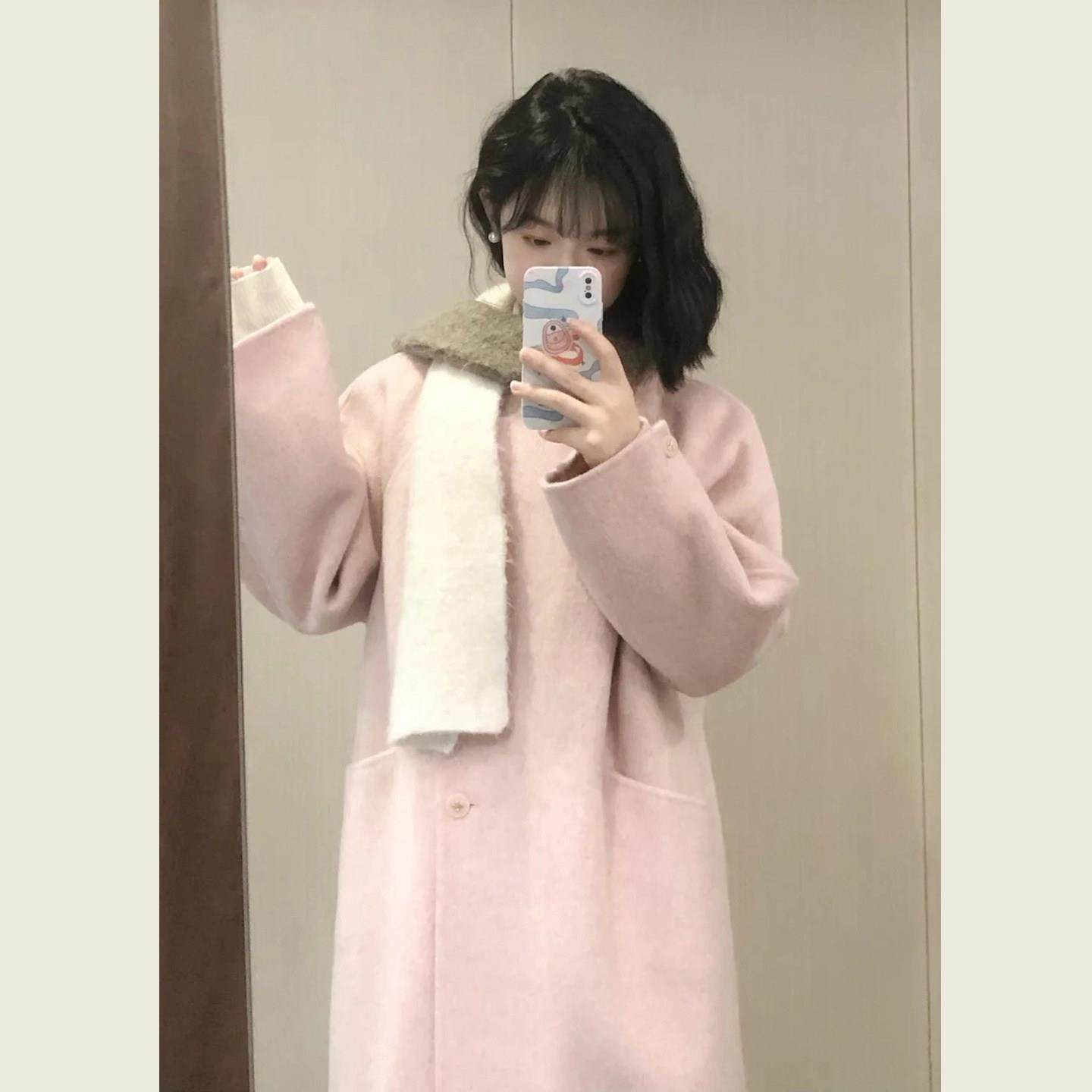 粉色斜扣设计宽松显瘦毛呢外套女秋冬季小个子减龄中长款呢子大衣,运动/瑜伽/健身/球迷用品,广场舞套装,淘宝优惠券,粉丝福利购,淘宝优惠卷