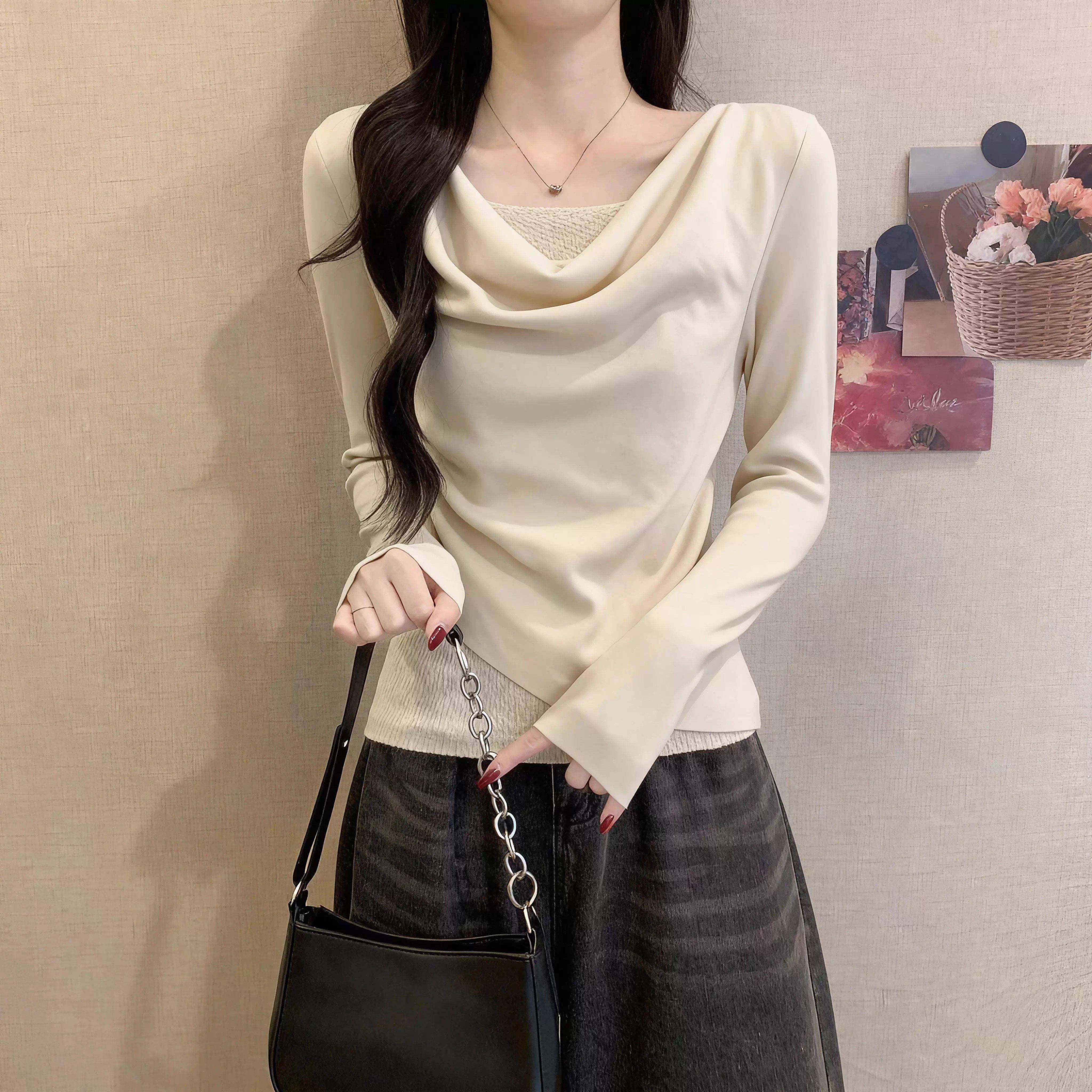 荡领假两件针织打底衫女冬季皮草内搭毛衣miu系义乌独特掐腰上衣