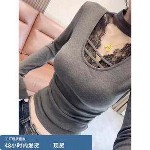 深灰色加绒蕾丝拼接挂脖V领T恤女秋冬欧货磨毛长袖打底衫内搭上衣