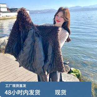 美拉德咖色羊羔毛领皮衣羽绒服女冬超好看高级感加厚机车服短外套