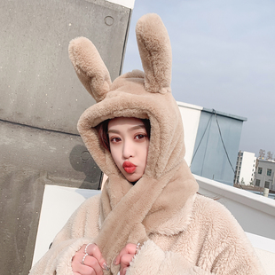 会动兔耳朵帽子女冬围脖一体帽甜美可爱护耳帽保暖防风毛绒帽围巾