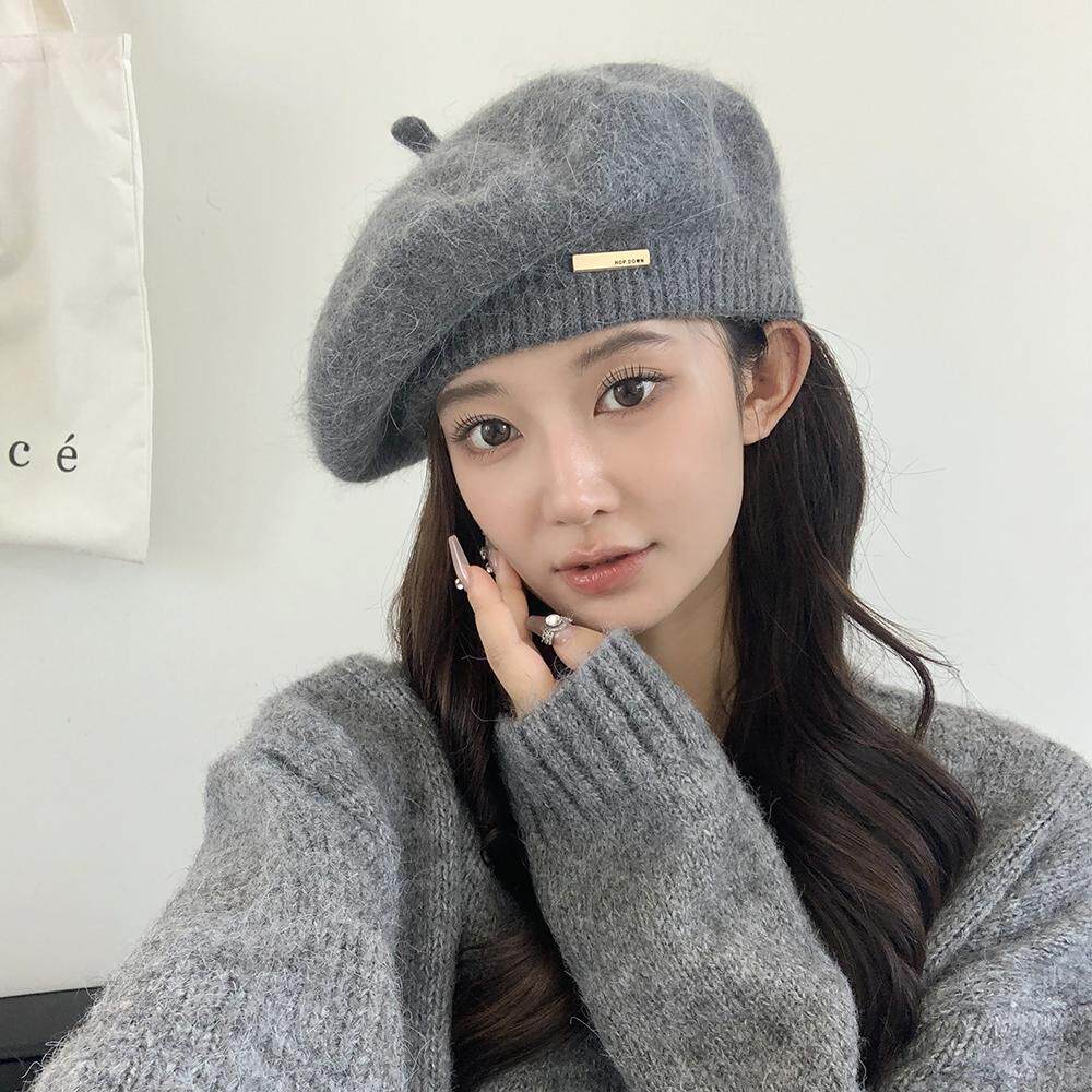 秋冬新款贝雷帽女兔毛混纺针织画家帽日系复古百搭毛线蓓蕾帽大头