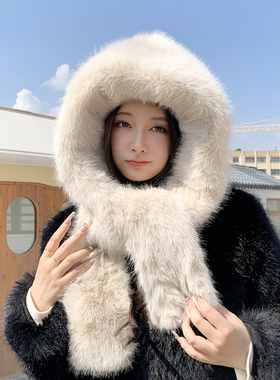2024新款秋冬季仿狐狸毛皮草围脖帽子女防寒保暖一体围巾两件套潮
