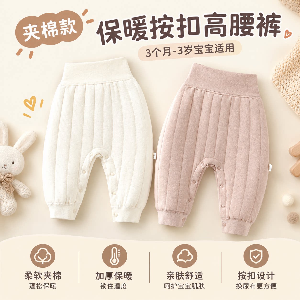 婴儿裤子保暖秋冬款新生儿高腰裤夹棉秋季宝宝裤子可开扣秋裤纯棉