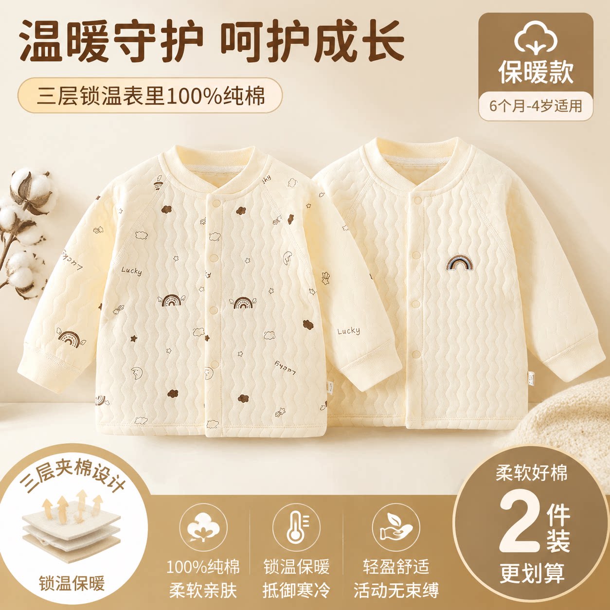 婴儿夹棉上衣秋冬保暖开衫纯棉a类男女宝宝衣服婴幼儿外套棉衣服