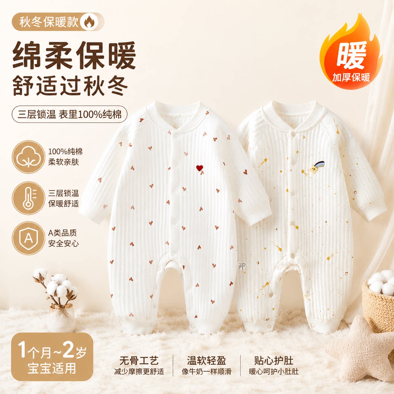 婴儿连体衣保暖秋冬季夹棉冬装新生儿宝宝衣服秋装哈衣加厚秋冬款